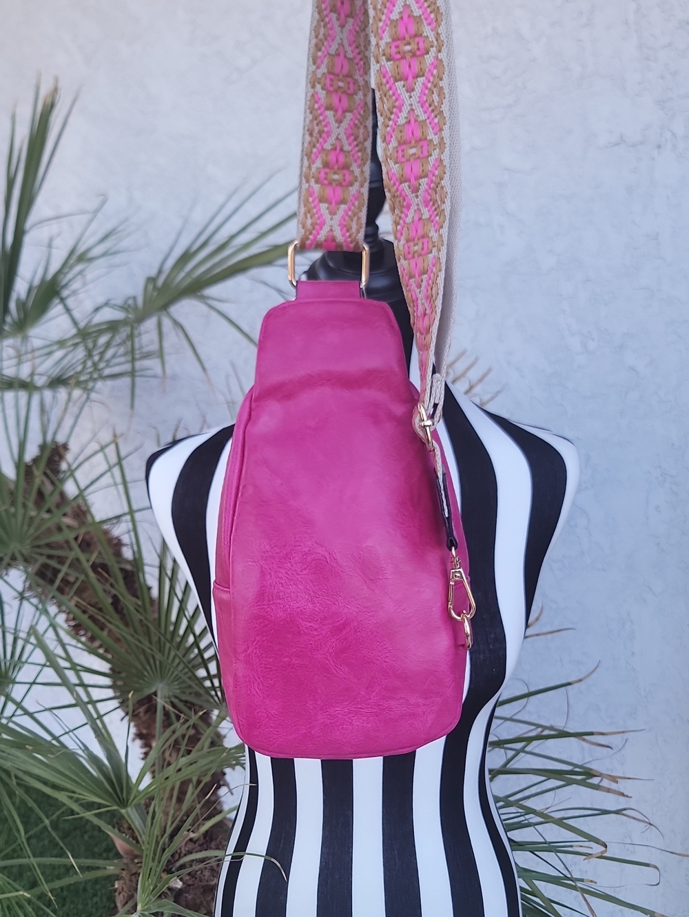 Fuchsia Vegan Leather cross body Sling Bag with Guitar Strap - Picture 7 of 9